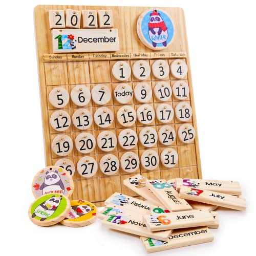 Panda Brothers Wooden Perpetual Calendar - Montessori Toy for Kids Learning Seasons, Months and Days of The Year, Preschool Calendar for Kids Learning at Home and Classroom Teaching, on Desk and Wall