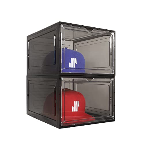 Modern JP Hat Organizer for Baseball Caps (2-Pack) - Transparent Hat Display, Premium Hat Storage Box - Quick Assembly Hat Rack Design with Easy Access Magnet Door, Black