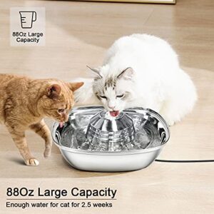 HUICOCY Cat Water Fountain Stainless Steel, 88Oz/2.6L Large Capacity Pet Fountain with Ultra-Quiet Design, 360° Automatic Cat Drinking Fountain Easy Assemble and Clean, Supply Water Even if Power Off