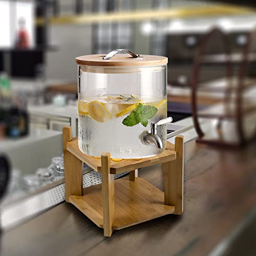 KCGANI Water Beverage Dispenser Stand with Silicone Pad, Counter Bamboo Stand, Drinking Water Crock Base, Plant Floor Stand, Glass Beverage Stand for Drinks, Party, 2 Tiers, 8.5" in Width (Brown)