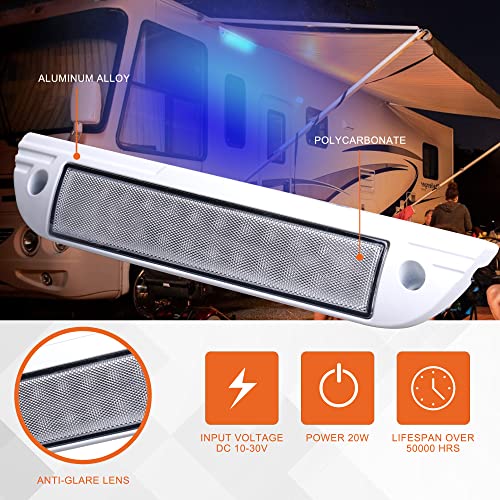 Primelux Porch Light for RV 9" Blue LED RV Exterior Utility Lights, 12V/24V 180° Flood Beam Lighting Work Light, 20W 2000LM Curved Wide Angle Awning Light/Scene Light for RVs Trailers Campers