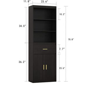 Homsee Tall Bookcase Bookshelf with 3 Tier Open Shelves, 1 Drawer and 2 Doors, Wooden Display Storage Cabinet for Home Office, Living Room, Black and Brown