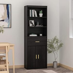 homsee tall bookcase bookshelf with 3 tier open shelves, 1 drawer and 2 doors, wooden display storage cabinet for home office, living room, black and brown