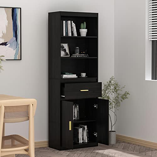 Homsee Tall Bookcase Bookshelf with 3 Tier Open Shelves, 1 Drawer and 2 Doors, Wooden Display Storage Cabinet for Home Office, Living Room, Black and Brown