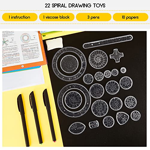 Spiral Art Clear Gear Geometric Ruler 28 Pcs Spiral Circle Template for Drawing Plastic Template Ruler Drawing Toys Spiral Curve Stencils with Pens Paper for Drawing DIY Art Crafts Sketch Creation