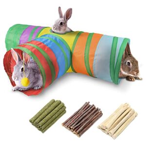 bunny tunnel, collapsible 3 way cat tube rabbit hideout extra large tunnel tubes with chew toys kitty small animal activity toys for dwarf rabbits bunny guinea pig ferret kitty