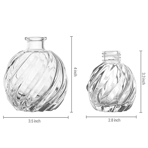 MyGift Modern Clear Glass Reed Diffuser Bottle, Small Round Decorative Bottles Flower Bud Vase with Spiral Ribbed Textured Pattern, Set of 2