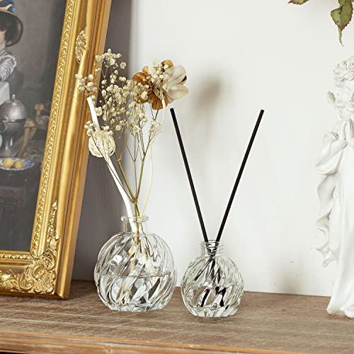 MyGift Modern Clear Glass Reed Diffuser Bottle, Small Round Decorative Bottles Flower Bud Vase with Spiral Ribbed Textured Pattern, Set of 2