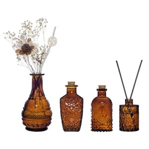 mygift vintage embossed amber glass decorative reed diffusers with cork lids, small apothecary style flower bud vases, set of 4