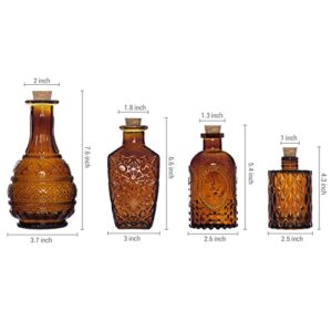 MyGift Vintage Embossed Amber Glass Decorative Reed Diffusers with Cork Lids, Small Apothecary Style Flower Bud Vases, Set of 4