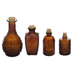 MyGift Vintage Embossed Amber Glass Decorative Reed Diffusers with Cork Lids, Small Apothecary Style Flower Bud Vases, Set of 4