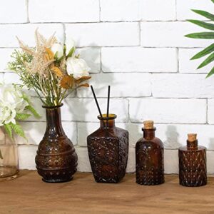 MyGift Vintage Embossed Amber Glass Decorative Reed Diffusers with Cork Lids, Small Apothecary Style Flower Bud Vases, Set of 4