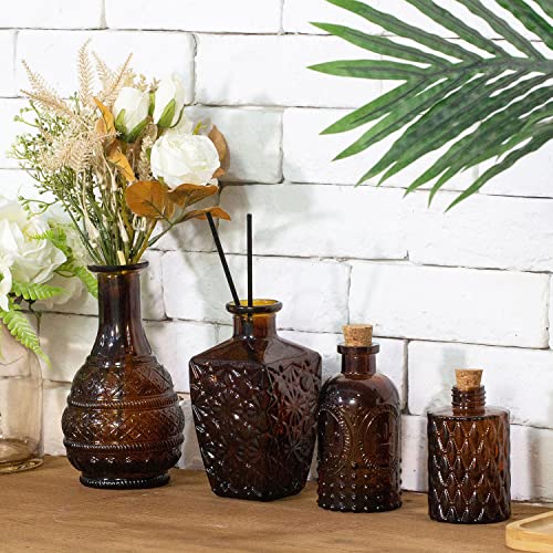 MyGift Vintage Embossed Amber Glass Decorative Reed Diffusers with Cork Lids, Small Apothecary Style Flower Bud Vases, Set of 4