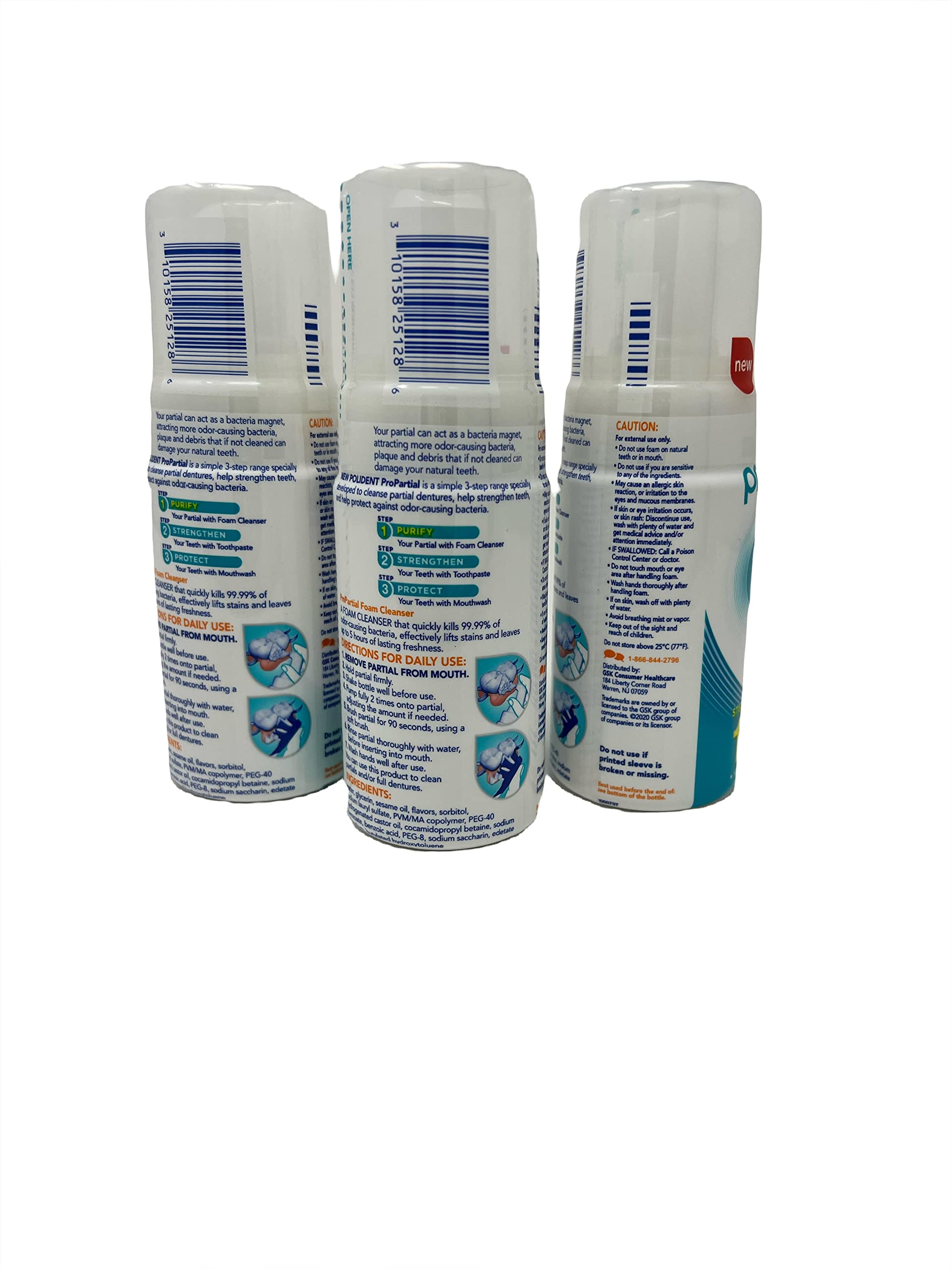 Polident Propartial Step 1 Antibacterial Partial Denture Cleanser Foam, 4.2 Oz, 3 Pack