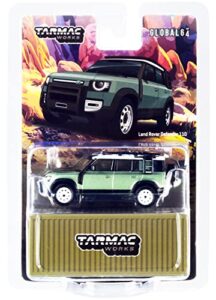 land rover defender 110 with roof rack light green metallic with white top 1/64 diecast model car by tarmac works