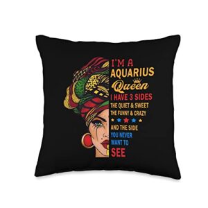 black zodiac girls birthday black women gifts aquarius queens are born in january 20-february 18 t-shirt throw pillow, 16x16, multicolor