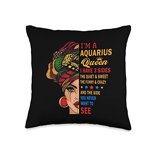 Black Zodiac Girls Birthday Black Women Gifts Aquarius Queens are Born in January 20-February 18 T-Shirt Throw Pillow, 16x16, Multicolor