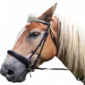 saddles world fancy black leather center light blue & white pearl with clear crystals horse bridle's browband - cob size
