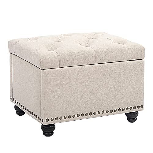 Homestripe 24 Inch Modern Tufted Bedroom Storage Ottoman Bench, Linen Lift Top Upholstered Foam Padded Rectangular Footstool, Easy Assemble Ottoman,Beige