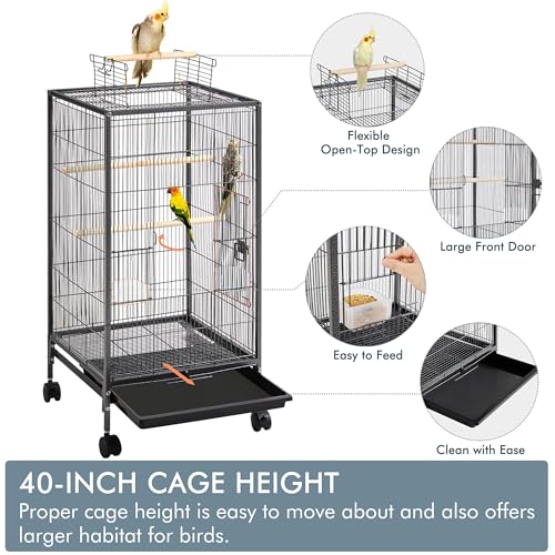 Yaheetech 40 Inch Wrought Iron Bird Cage Open-Top Parrot Cage with Rolling Stand for Parakeets Cockatiels Budgies Parrotlets Lovebirds Canary Small-Sized Birds Parrots