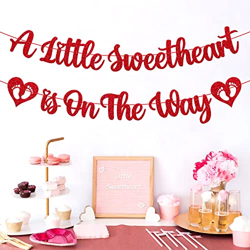 Happy Valentine’s Day Baby Shower Banner A Little Sweetheart is On the Way Banner Valentine’s Day Gender Reveal Party Supplies Glitter Red Pink