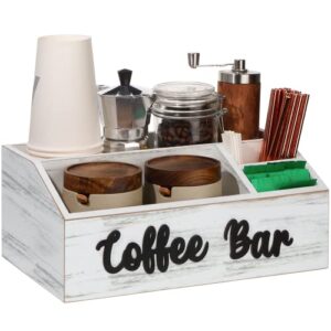wooden coffee bar bin box with coffee bar letter decor, coffee pod holder storage gift basket, coffee station wooden holder nice for farmhouse kitchen decor, counter, coffee lover (white)