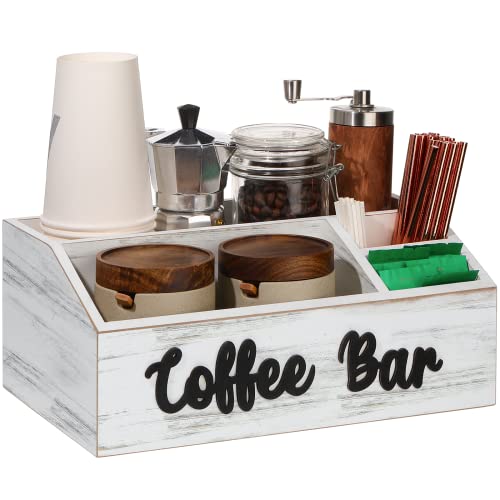 Wooden Coffee Bar Bin Box with Coffee Bar Letter Decor, Coffee Pod Holder Storage Gift Basket, Coffee Station Wooden Holder Nice for Farmhouse Kitchen Decor, Counter, Coffee Lover (White)