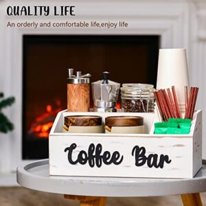 Wooden Coffee Bar Bin Box with Coffee Bar Letter Decor, Coffee Pod Holder Storage Gift Basket, Coffee Station Wooden Holder Nice for Farmhouse Kitchen Decor, Counter, Coffee Lover (White)