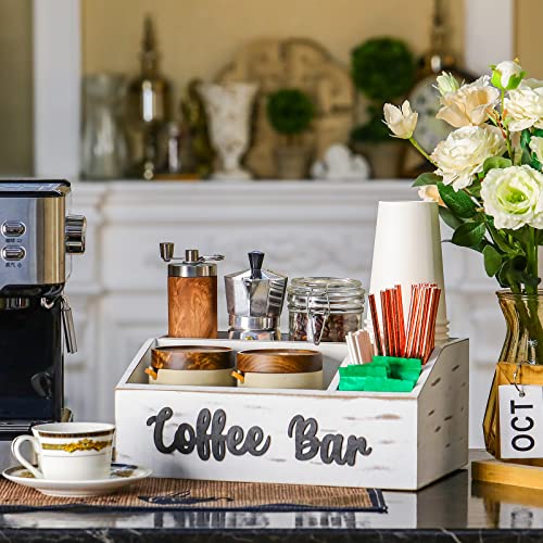 Wooden Coffee Bar Bin Box with Coffee Bar Letter Decor, Coffee Pod Holder Storage Gift Basket, Coffee Station Wooden Holder Nice for Farmhouse Kitchen Decor, Counter, Coffee Lover (White)