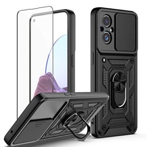 Dretal Oneplus Nord N20 5G Case with Stand Kickstand Ring and Camera Cover with Tempered Glass Screen Protector, Military Grade Shockproof Protective Cover for Oneplus Nord N20 5G (TC-Black)