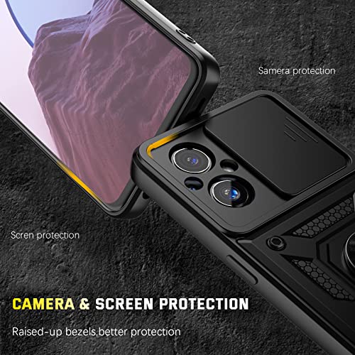 Dretal Oneplus Nord N20 5G Case with Stand Kickstand Ring and Camera Cover with Tempered Glass Screen Protector, Military Grade Shockproof Protective Cover for Oneplus Nord N20 5G (TC-Black)