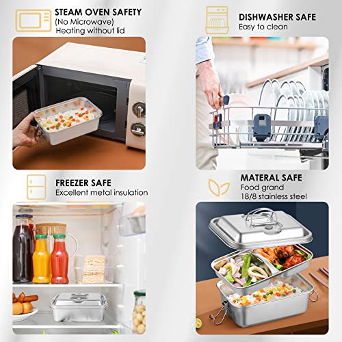 SUBRON Stainless Steel Bento Lunch Box for Adults with Secure Locks, 1800ML 3 Compartments 2 Layer Leak Proof Metal Insulated Lunch Food Containers