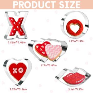 Crethinkaty Valentine's Day Cookie Cutters Shapes-Lips,Double Heart,Heart,Letter X,Letter O-5 Pcs Valentines Biscuit Cutter Set for Wedding Valentine Day