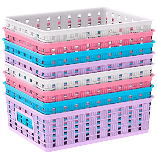 WUWEOT 8 Pack Plastic Storage Basket, 11.2" x 8.1" x 3.3" Woven Storage Bins Pantry Basket, Shelf Baskets Tray with Handle for Classrooms Office