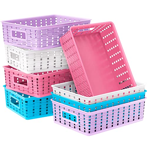 WUWEOT 8 Pack Plastic Storage Basket, 11.2" x 8.1" x 3.3" Woven Storage Bins Pantry Basket, Shelf Baskets Tray with Handle for Classrooms Office