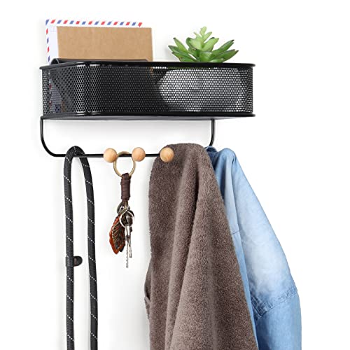 Mail Organizer Wall Mount Key and Mail Holder for Wall Decorative with 5 Key Hooks Mail and Key Rack Hanger Metal Wire Mesh Storage Basket for Entryway Letters Magazine Bills Leashes Coat - Black