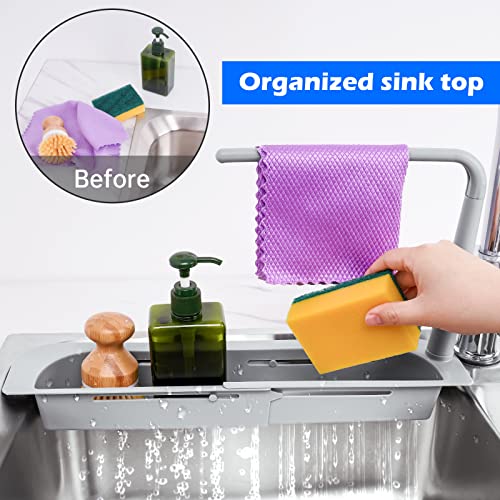 NiHome Telescopic Kitchen Over Sink Organizer with Towel Hanger, Expandable Slim Drain Basket Multifunctional Caddy Adjustable Length Colander Rack Sponge Holder Storage Tray for Home Bathroom (Grey)