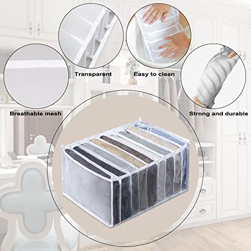 Evankin 2PCS Wardrobe Clothes Organizer - 7-Grid Drawer & Closet Storage Organizer - Nylon Mesh Organizer - Large Size for Jeans, Pants, Skirts (White)