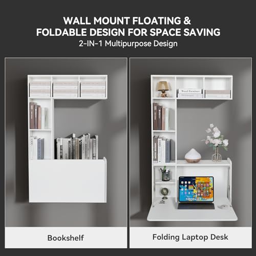 YUSING Floating Desk, Wall Mounted Table, Multifunctional Fold Down Wall Mounted Laptop Computer Workstation with Storage Shelves(Large)