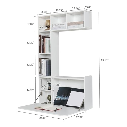 YUSING Floating Desk, Wall Mounted Table, Multifunctional Fold Down Wall Mounted Laptop Computer Workstation with Storage Shelves(Large)