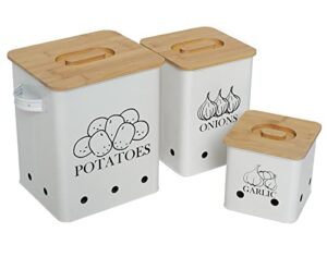 gdfjiy kitchen canisters set, storage bin for potato onion & garlic, 3 pack set countertop pots containers with wooden lid - potato storage, garlic bin, onion keeper tin with aerating holes-white