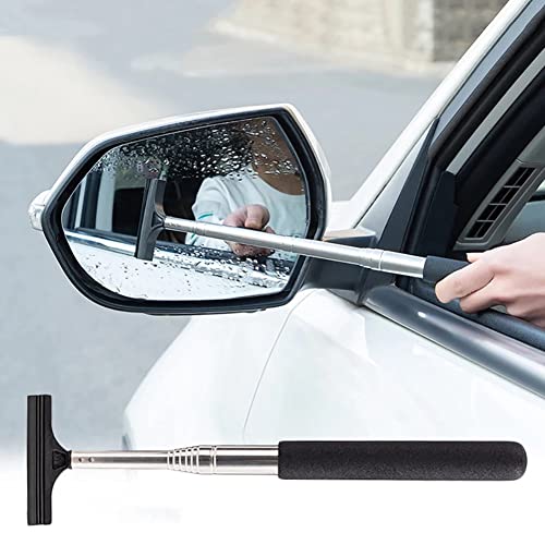 GreceYou Retractable Car Rearview Mirror Wiper Portable Auto Mirror Squeegee Cleaner Long Handle Car Cleaning Tool Mirror Glass Mist Cleaner, Length Up to 98cm/38.6inch (Black)