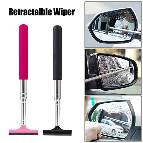 GreceYou Retractable Car Rearview Mirror Wiper Portable Auto Mirror Squeegee Cleaner Long Handle Car Cleaning Tool Mirror Glass Mist Cleaner, Length Up to 98cm/38.6inch (Black)