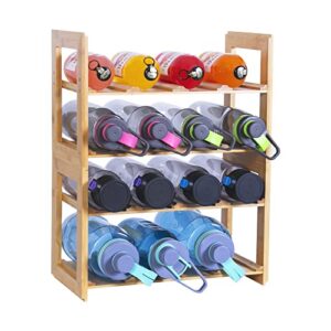 aeehfeng water bottle organizer - stackable bamboo water bottle storage rack for cabinet holds up to 16 bottles - 4 tier adjustable freestanding cup holder for kitchen countertop pantry organizing