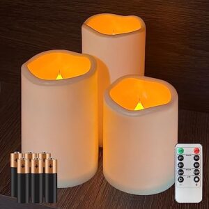 fmix flameless candles with remote, 3 pack (included 6 batteries) led candles with timer battery operated candles,outgdoor electric candles flickering,flameless pillar candles.