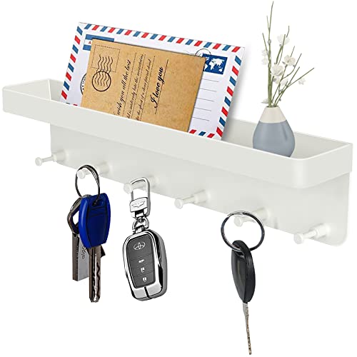 Key Holder for Wall Decorative, Wall Mounted Key Holder with Shelf, Self Adhesive Key Rack with 6 Hooks, Key Hooks for Hanging Keys, Mail Organizer and Key Hanger for Entryway Kitchen Office, White