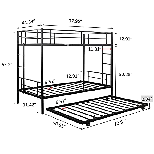 Metal Bunk Bed with Trundle Twin Over Twin Modern Bunk Beds with Slats Heavy Duty Bunkbed Frame for Adults,Teens,Boys and Girls. (Black)