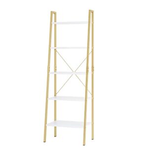 finetones 5-Tier Ladder Shelf, Gold Bookcase Bookshelf with Metal Frame, Display Shelf Plant Rack Accent Furniture for Home Office, White/Golden