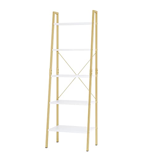finetones 5-Tier Ladder Shelf, Gold Bookcase Bookshelf with Metal Frame, Display Shelf Plant Rack Accent Furniture for Home Office, White/Golden