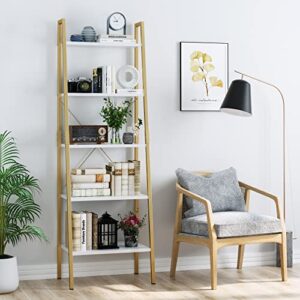 finetones 5-Tier Ladder Shelf, Gold Bookcase Bookshelf with Metal Frame, Display Shelf Plant Rack Accent Furniture for Home Office, White/Golden